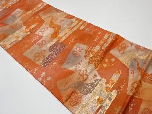 リサイクル　色紙・ヱ霞に草花模様織出し名古屋帯